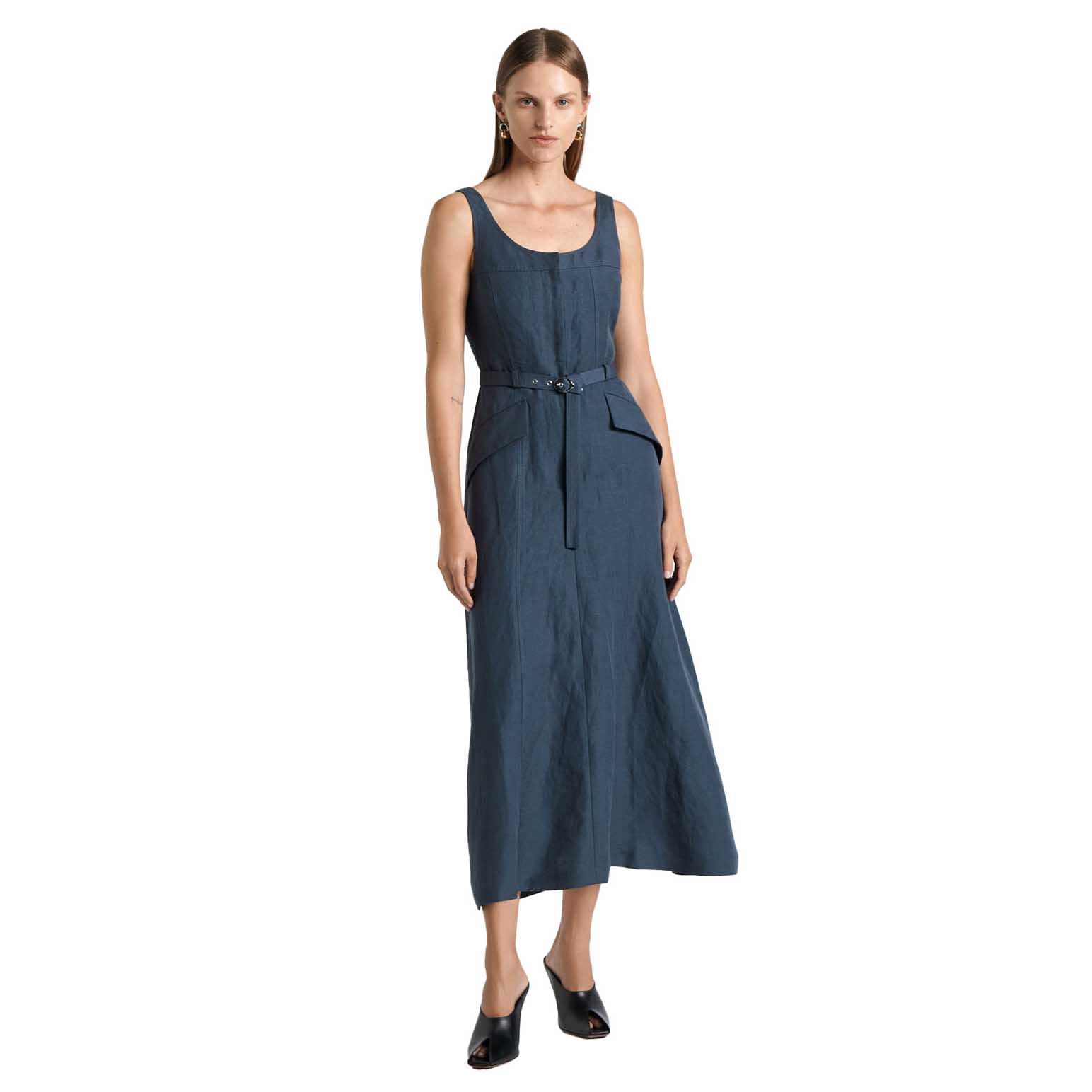 Cue Linen Blend Buckle Detail Midi Dress